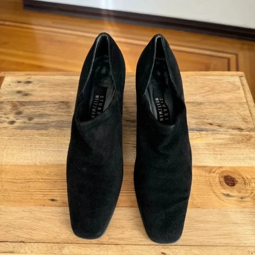 Stuart Weitzman Black Stretch Suede Square Long Toe Box Block Heel Shoe Bootie